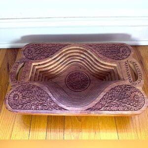 Vintage My Mela Hand Crafted Collapsible Oval Wooden Basket Wood Base Home Decor